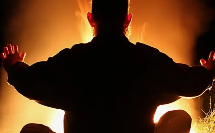 A person sitting in a meditative pose in front of a large fire at night, arms raised slightly, creating a silhouette against the bright flames.